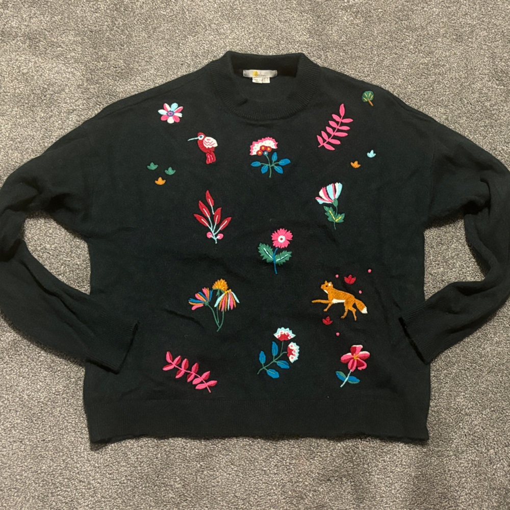 Boden Black Sweater with Colorful Embroidery